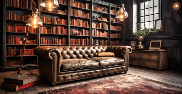 Reading room with dark brown leather couch book shelf and lamp