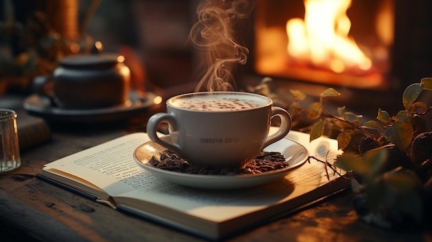 Reading textbook on table with coffee cup in background indoors