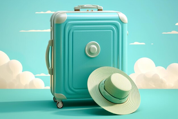 Ready for adventure suitcase and hat on a turquoise backdrop