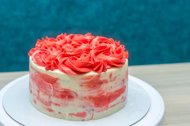 Ready coral and white sponge cake closeup. Blue background