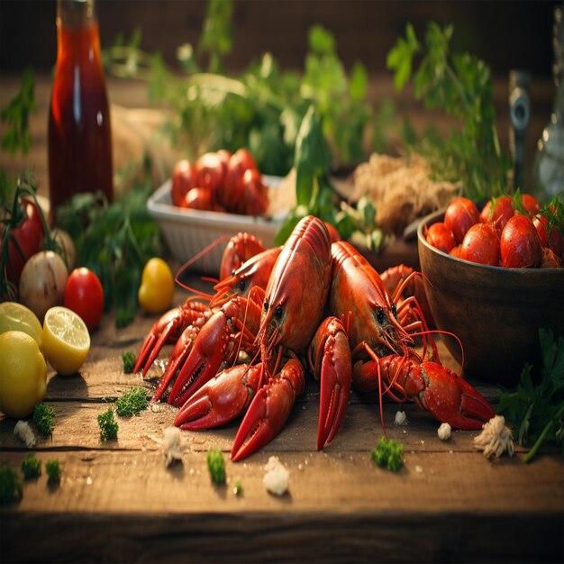 ready crayfish Lying on a platter with vegetables