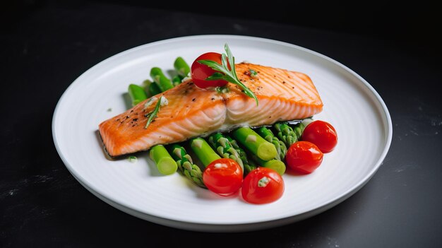 Ready Dish of Salmon with Asparagus and Cherry Tomatoes