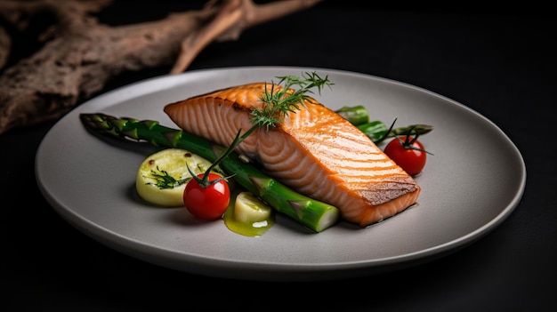 Ready Dish of Salmon with Asparagus and Cherry Tomatoes