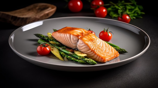 Ready Dish of Salmon with Asparagus and Cherry Tomatoes