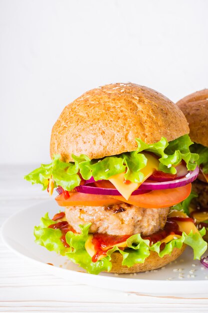 Ready-to-eat hamburger on a plate