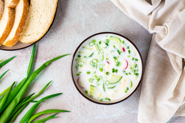 Ready to eat traditional Russian cold soup in a bowl Homemade food Top view