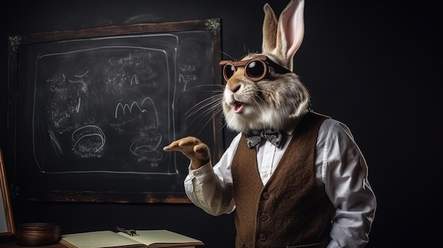 Ready to educate a rabbit teacher stands in front of a blackboard with a piece of chalk