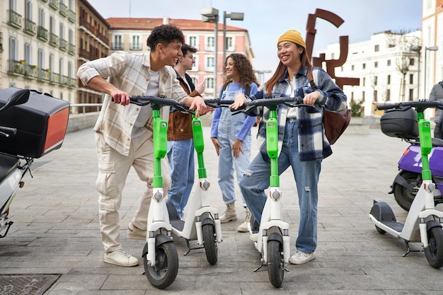 Ready to explore the city on electric skates new friends on vacation