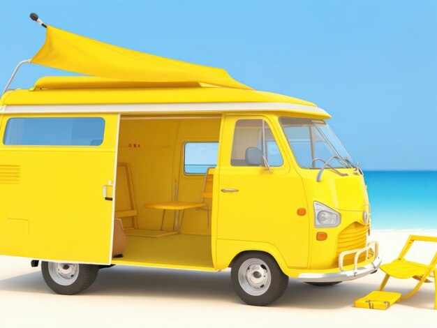 Фото Готовый к летним путешествиям желтый фургон с креслом на палубе и аксессуаром на пляже 3d рендеринг ai сгенерирован