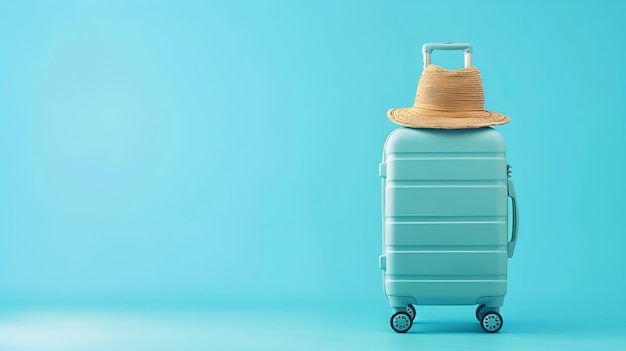 Фото Готовый к отдыху светло-голубой чемодан и соломенная шляпа на синем фоне захватывает суть путешествий и отдыха минималистский стиль ии