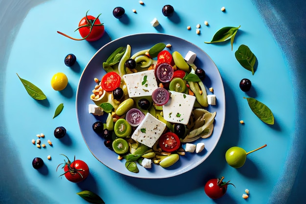Ready Greek salad with feta cheese and sun