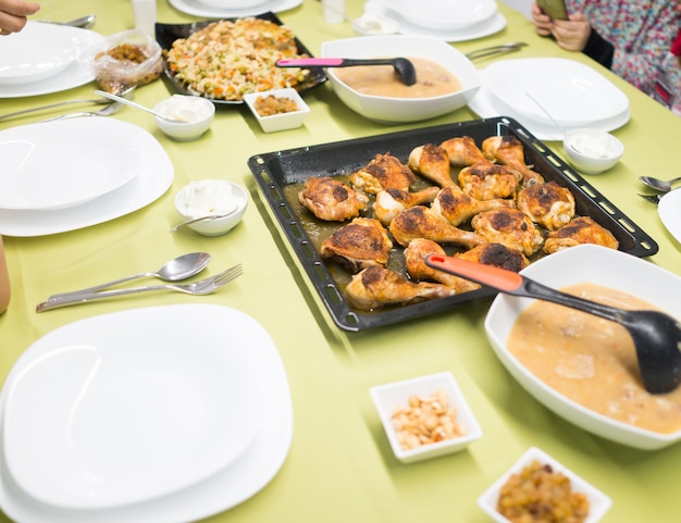 Ready iftar food on table at home