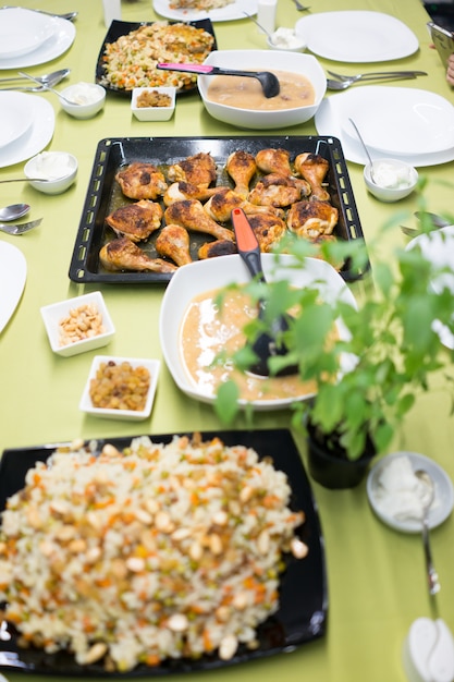 Ready iftar food on table at home