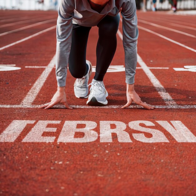 Photo ready to run closeup image of woman in sports shoes standing in starting line