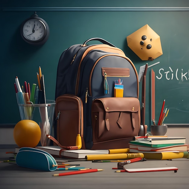 Photo ready for school concept background with books alarm clock and accessory 3d rendering 3d illustratio