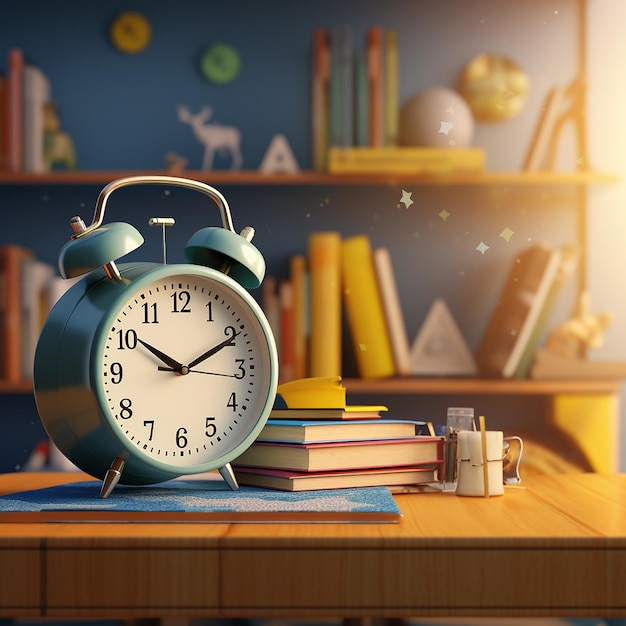 Ready for school concept background with books alarm clock and accessory 3D Rendering