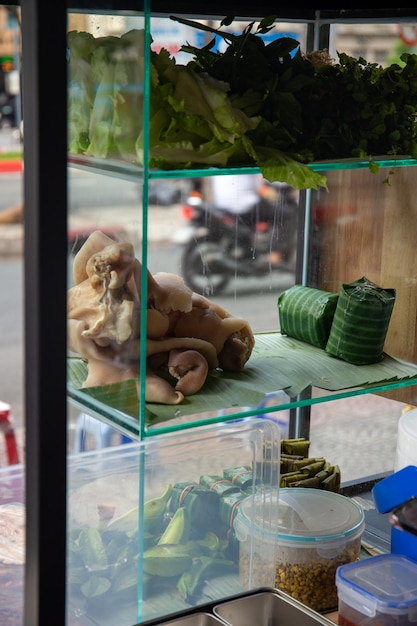 Ready to sell food and vegetables on the display shelves of a street vendor