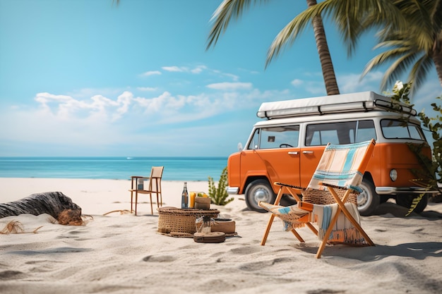 Ready for summer travel Orange van with palm tree beach chair and beach accessories at the beach