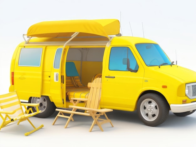 Foto pronto per il viaggio estivo furgone giallo con poltrona e accessori da spiaggia 3d rendering ai generato