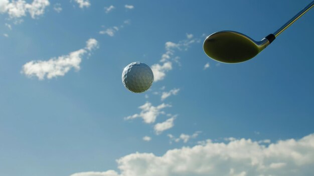 Photo ready to tee off golf ball and club set against a serene blue sky backdrop