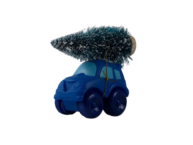 Ready to xmas with a christmas tree on the roof of a toy car