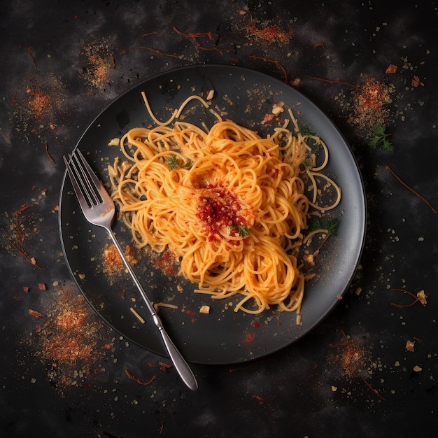 Readymade spaghetti on a plate View from above