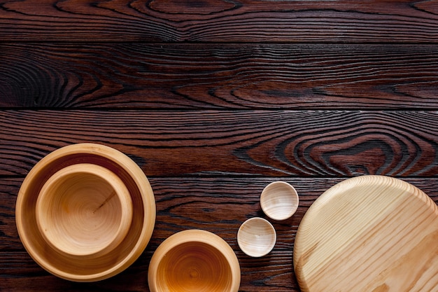 Readymade wooden utensils for food Empty dishes on the table