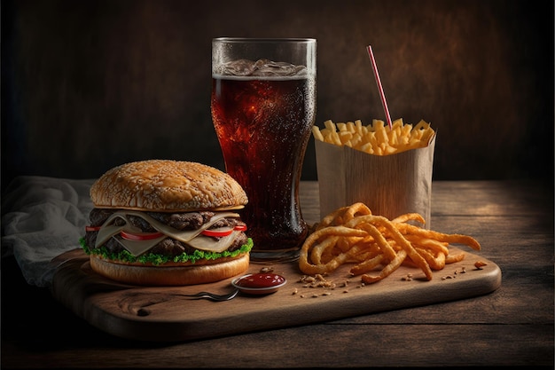 Readytoeat takeaway food Fresh hamburger fried potatoes and chicken nuggets or croquettes on dark background Fast food restaurant menu Generative AI