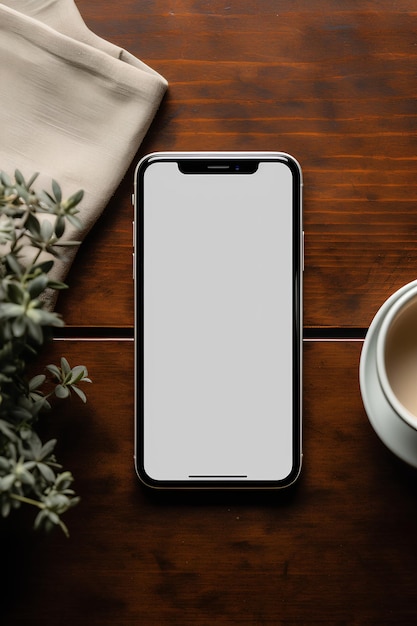 Readytouse mobile screen for your mockup design on a wooden table against the background of a cup