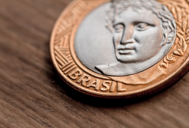 real brl money from brazil a one real coin in close up