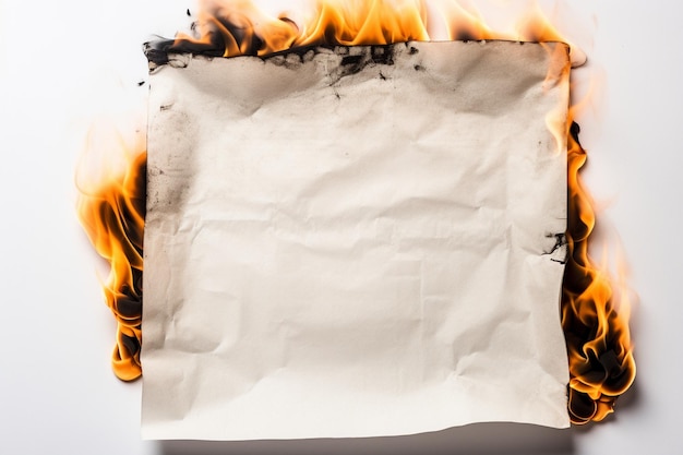 Real burned white sheet of paper with real flames high quality image on white background