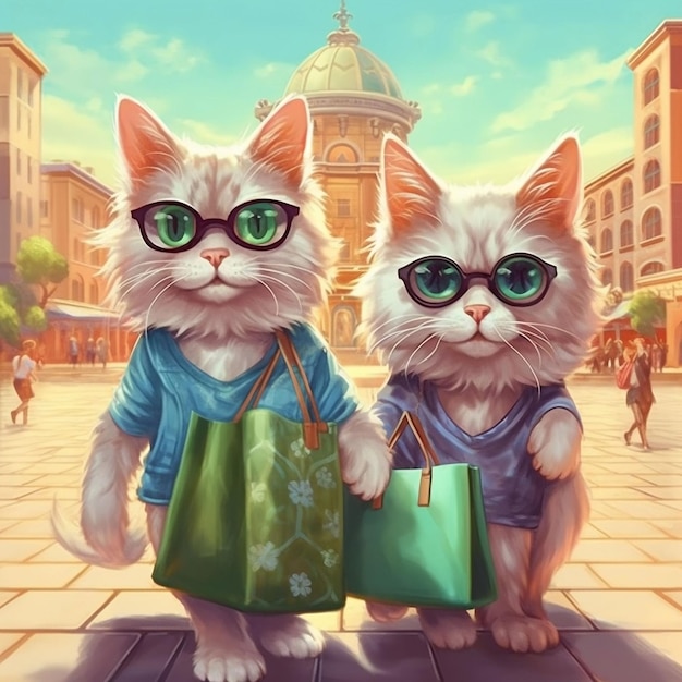 Real Cats couple going to market sunglass on eyes wear tshirt shopping bag in hand 1