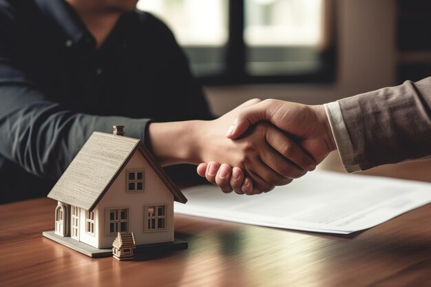 Photo real estate agent and customer shaking hands together