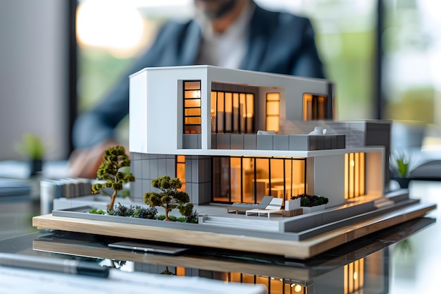 Real Estate Agent Discussing Insurance and Loan Options with Customer While Showing House Model in Real Estate Office Background Concept Real Estate Insurance Options Loan Options House Model