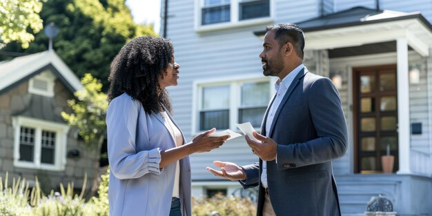 Photo a real estate agent explaining mortgage options to a potential homebuyer