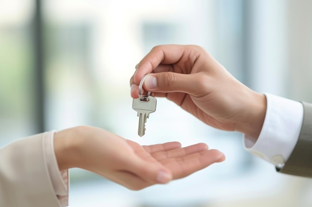 Агент по недвижимости дает ключ новому владельцу квартиры.