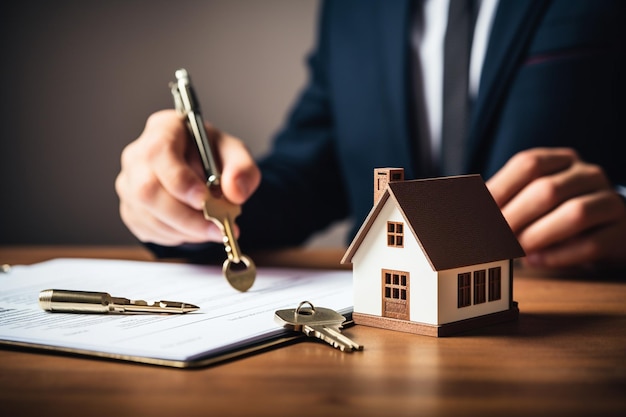 열쇠가 있는 주택 모델을 들고 계약에 서명하는 부동산 중개인 부동산 개념