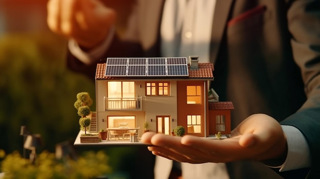 Real estate agent holding model house with solar panel