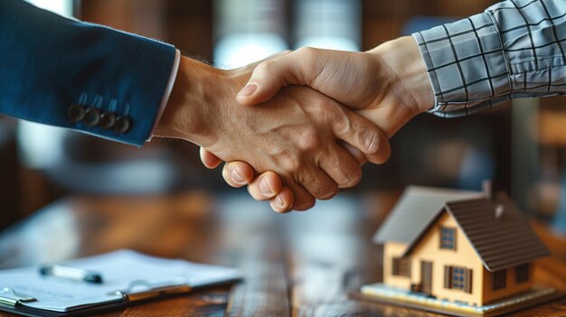 Real estate agent shaking hands with customer after signing contract to buy house