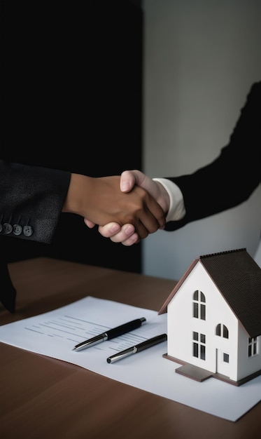 Real estate agent shaking hands with customer after signing contract for buying a house