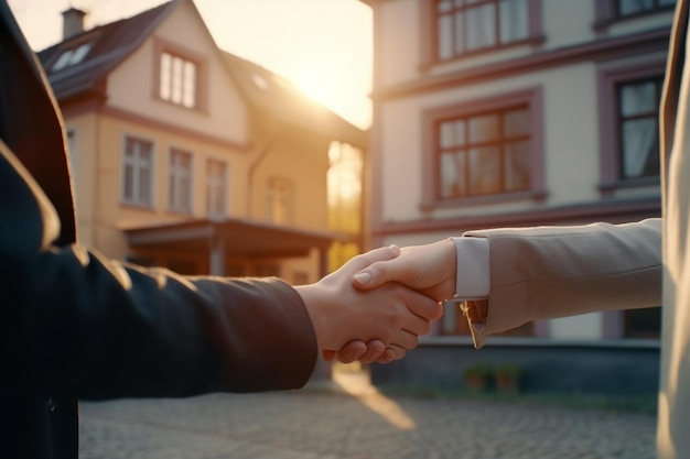 Real estate agent shaking hands with customer after signing contract in front new house Generate ai