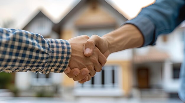 Real estate agent shaking hands with customer after signing contract