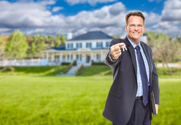 Photo real estate agent with house keys in front of home