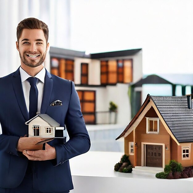 Photo real estate agent with house model and keys