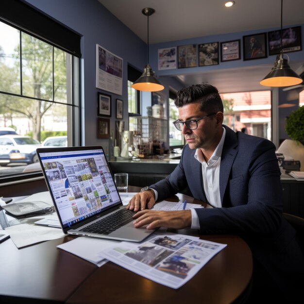 Photo real estate agent working on laptop in office