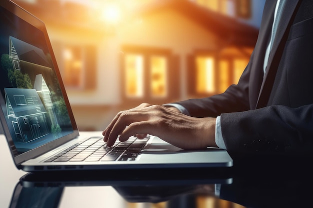 Real estate agent working on laptop with house model on screen Mixed media Real estate concept with a businessmans hand working on a laptop computer featuring a house icon on the AI Generated