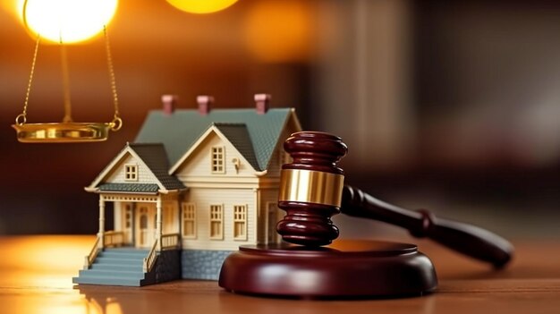 Real estate auction and idea judge gavel law texts and a model of a house GENERATE AI