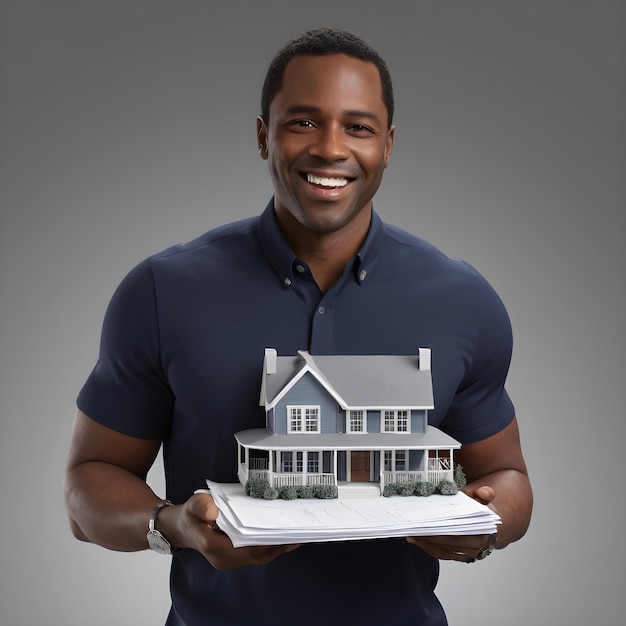 Real estate cheerful black man showing paper house smiling