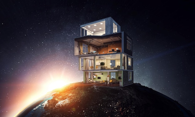 real estate concept with floating building. mixed media