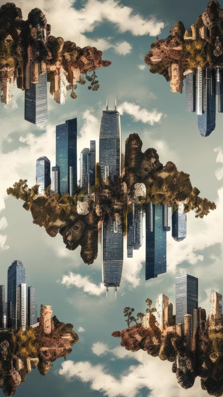Photo real estate concept with floating cityscape mixed media